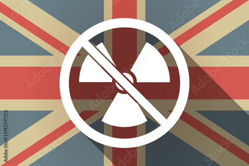 Long shadow UK flag with  a radioactivity sign  in a not allowed signal