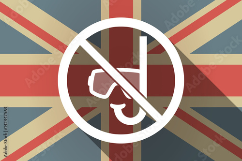 Long shadow UK flag with  a diving glasses and a snorkel  in a not allowed signal