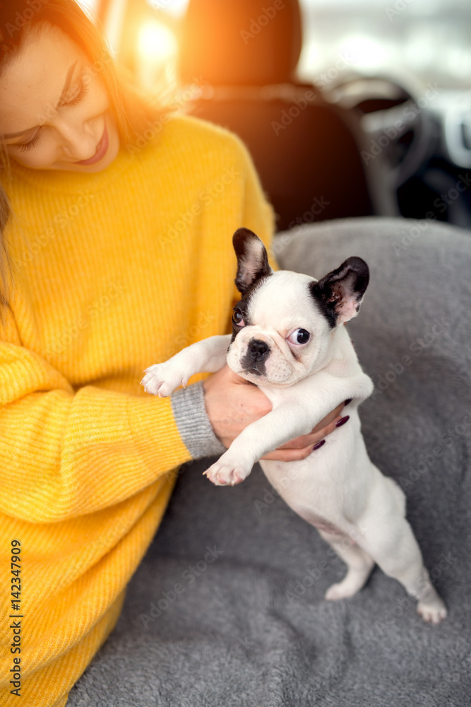 Woman in long comfy sweater holding adorable little doggie in arms. Sunset light on background.