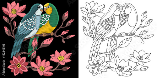 Embroidery parrots design. Collection of fancywork elements for patches and stickers. Coloring book page with budgie birds and apple blossom.