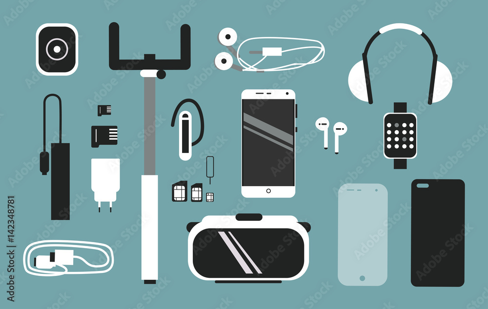 Smart phone accessories vector flat style illustration set. Creative mobile collection. - obrazy, fototapety, plakaty 