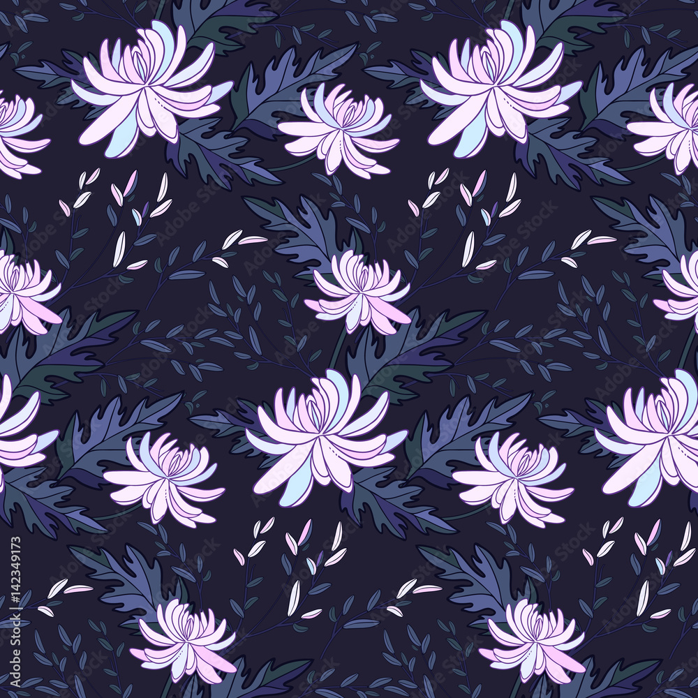 White or pink chrysanthemum flower and leaves floral seamless pattern.