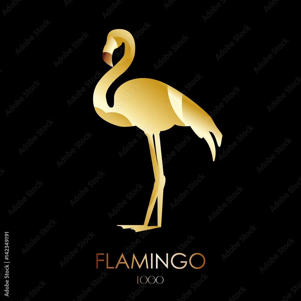Fototapeta premium Golden flamingo icon on dark background. Flat design.