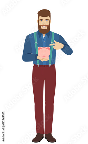 Hipster pointing at a piggy bank