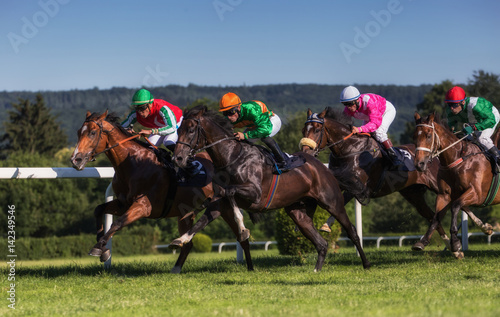 Horseracing in Czechia, Europe. Traditional sport. Jockeys on horses.