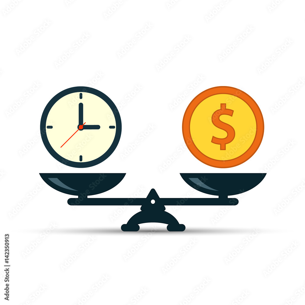 Time is money on scales icon. Money and time balance on scale. Weights ...