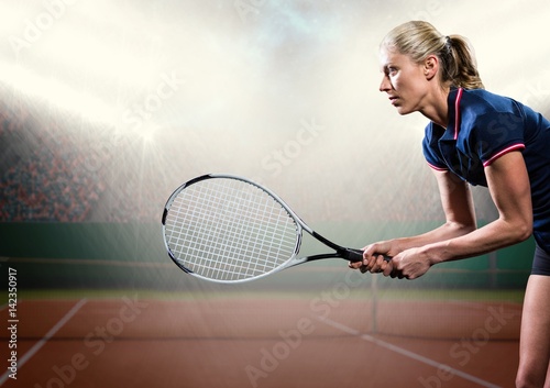Tennis player with racket outstretched on court with audience and bright lights © vectorfusionart