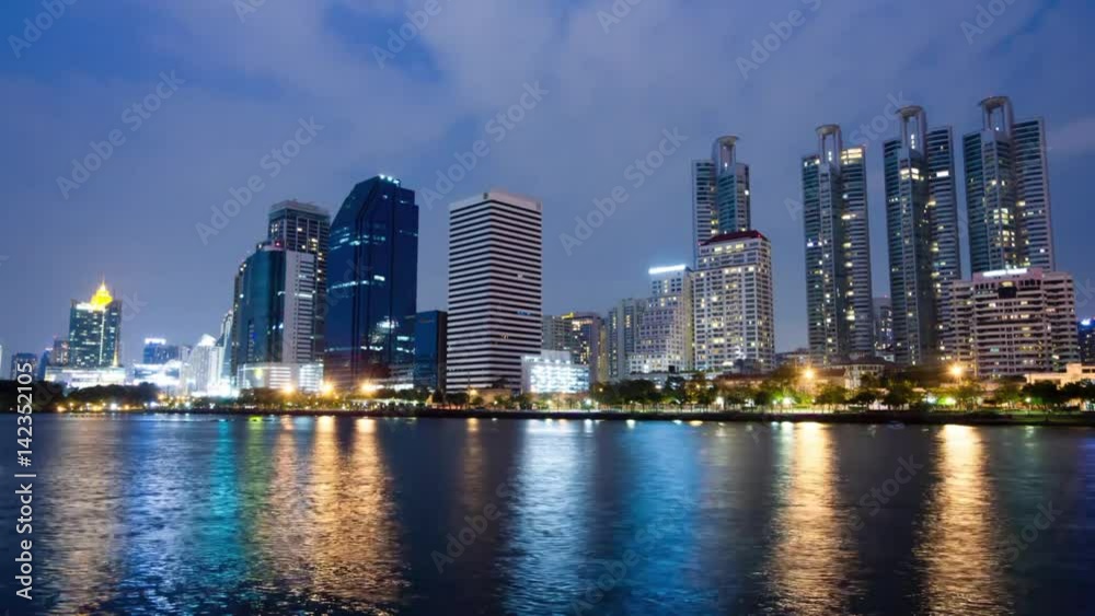 time lapse of city downtown at night with reflection of skyline in Bangkok,Thailand time lapse of city downtown at night with reflection of skyline in Bangkok,Thailand