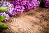 Lilac flowers on dark brown wood table
