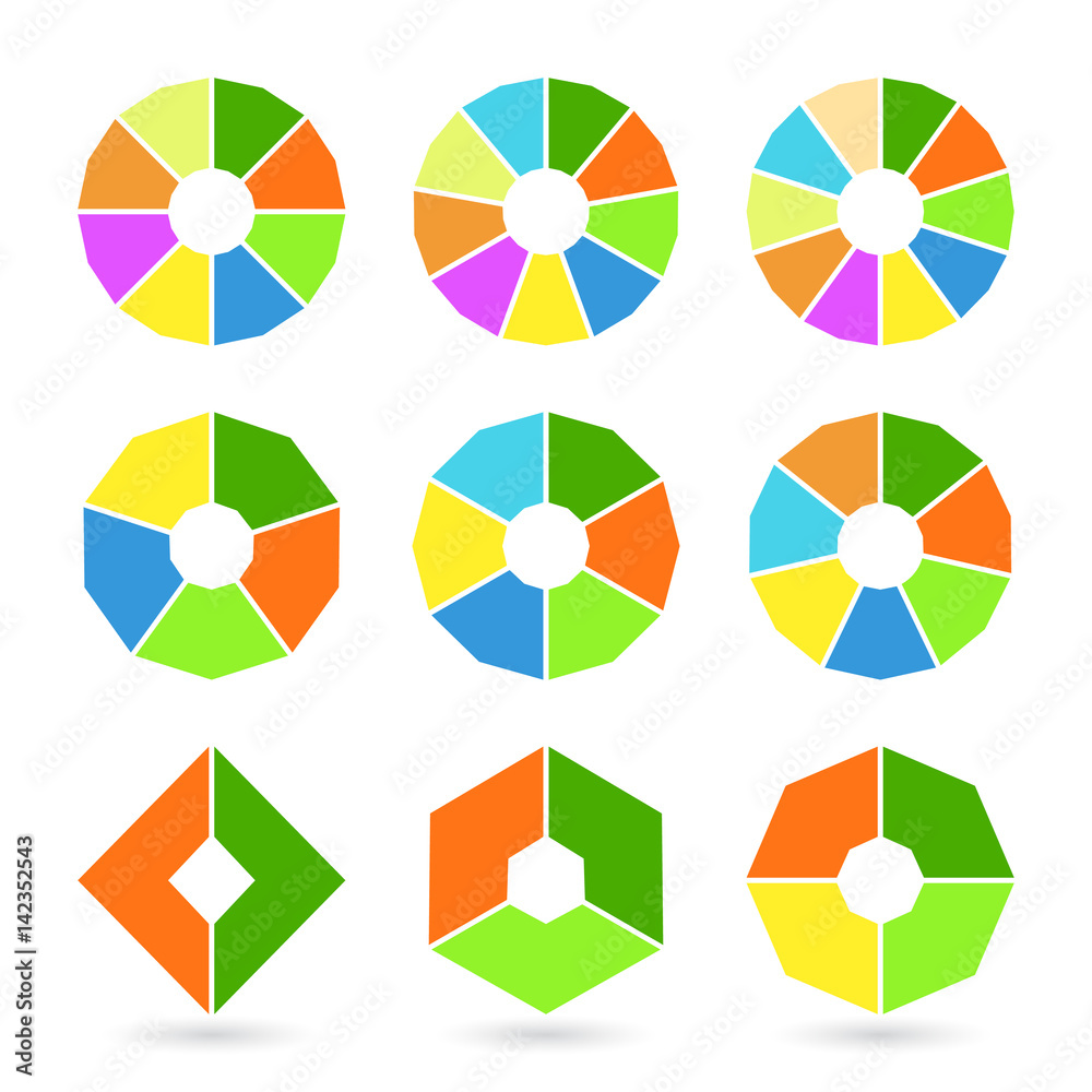 Set of pie charts with straight edges. Templates sectoral angular graphs in flat style. Colorful elements for infographics. Vector Set of pie charts with straight edges. Templates sectoral angular graphs in flat style. Colorful elements for infographics. Vector