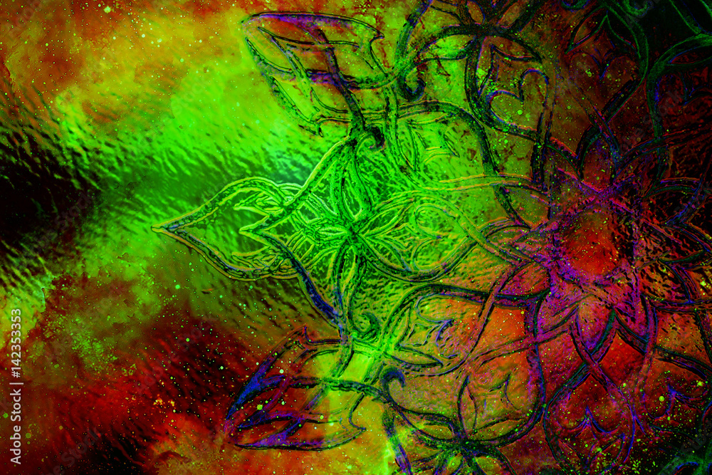 filigrane ornament with mandala shape on cosmic backgrond, computer collage and glass effect. filigrane ornament with mandala shape on cosmic backgrond, computer collage and glass effect.
