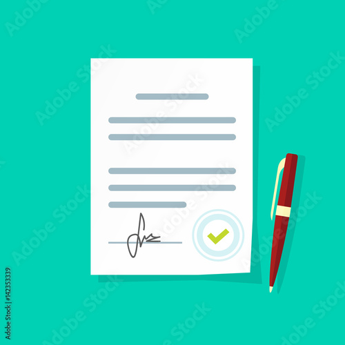 Agreement document vector icon, flat style legal paper sheet contract page with signature and approved stamp photo