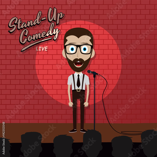 adult male stand up comedian cartoon character on red brick stage with spotlight