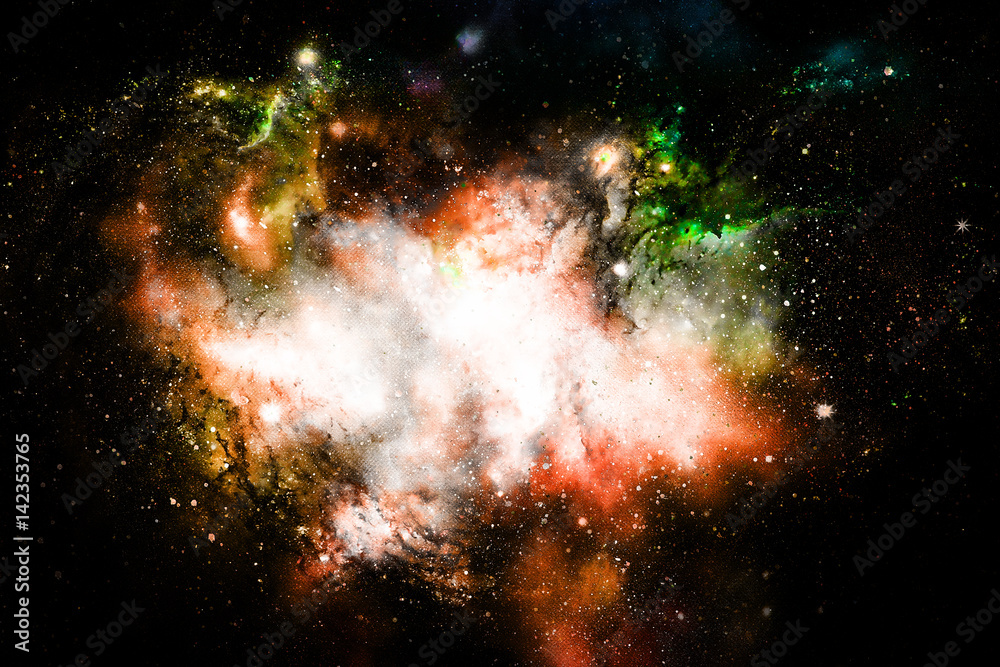 Naklejka premium Cosmic space and stars, color cosmic abstract background. Computer collage from original painting.
