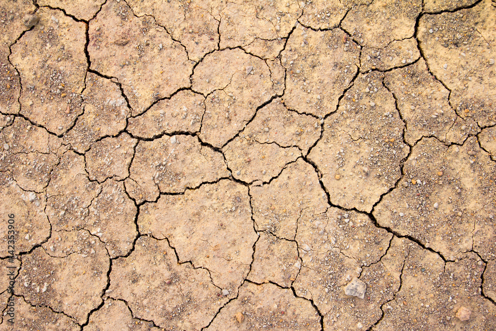 Fototapeta premium Cracked dry brown soil background, global warming effect