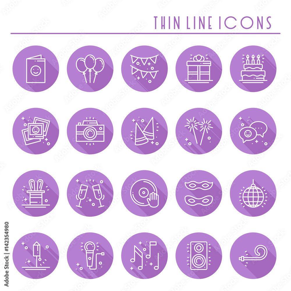 Party celebration thin line icons set. Birthday, holidays, event, carnival festive. Basic party elements icons collection. Vector simple linear design. Illustration. Symbols. Mask gifts cake firework Party celebration thin line icons set. Birthday, holidays, event, carnival festive. Basic party elements icons collection. Vector simple linear design. Illustration. Symbols. Mask gifts cake firework