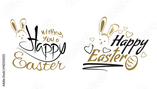 Happy Easter labels lettering set. Easter design with a cute Easter bunny. Vector illustration