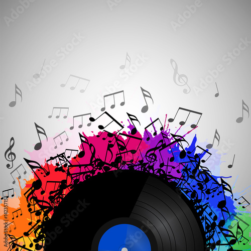Illustration of vinyl record with music notes, rainbow watercolor splashes and with space for text. Vector element for presentations, covers and your creativity