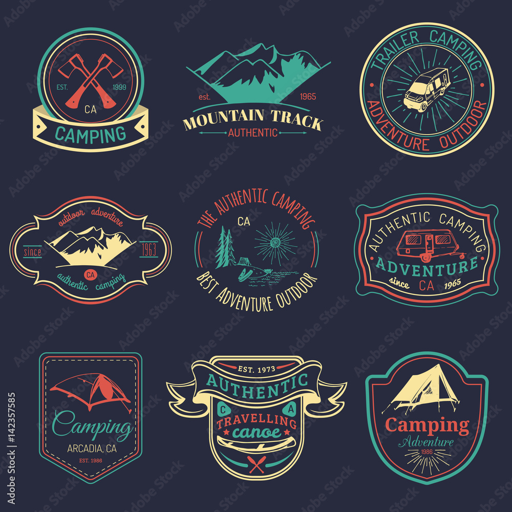 Vector set of vintage camping logos. Tourism emblems or badges. Retro ...