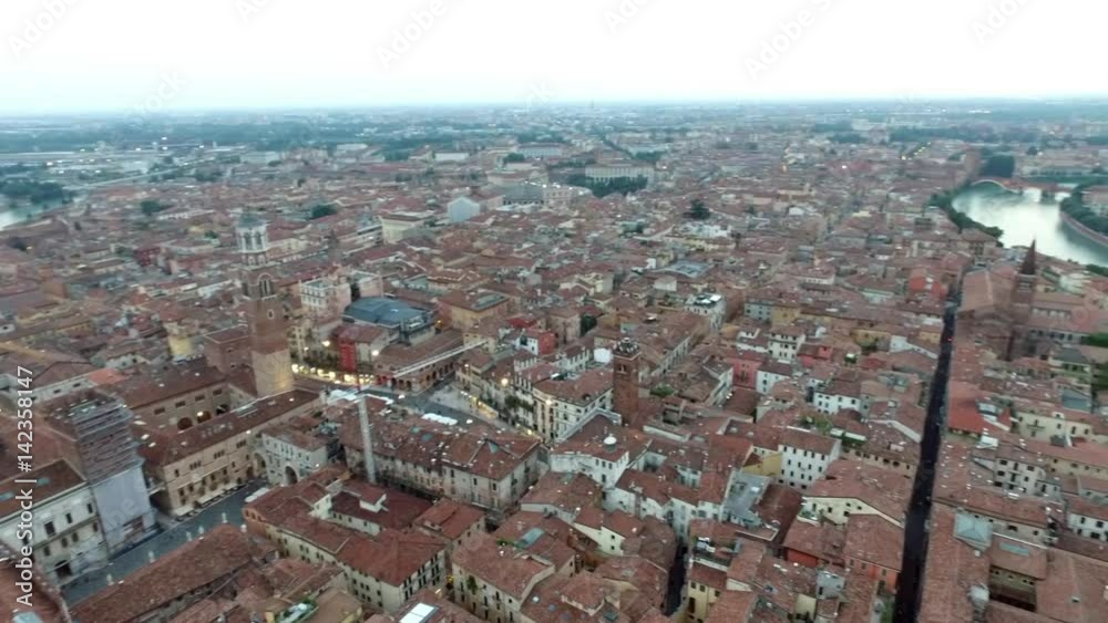 Panoramic aerial drone view of medieval city of love Verona with Petra Bridge and Adige River Panoramic aerial drone view of medieval city of love Verona with Petra Bridge and Adige River
