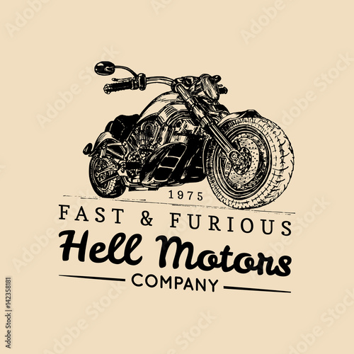 Vector vintage motorcycle logo.Biker store icon,MC sign, custom garage poster.Illustration of hand drawn classic chopper