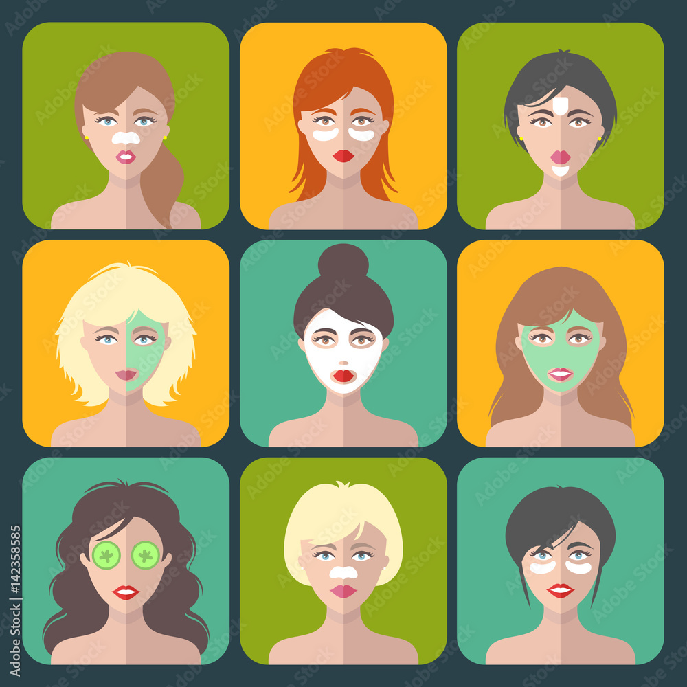 Vector set of women icons with different cosmetic treatment facial masks in flat style.Female faces or heads collection. Vector set of women icons with different cosmetic treatment facial masks in flat style.Female faces or heads collection.