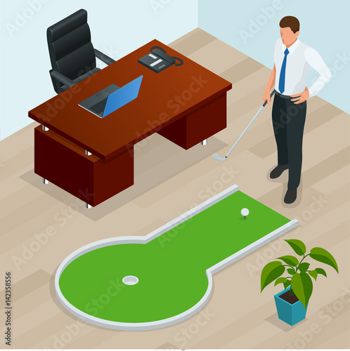 Businessman playing mini golf in his office. Perfect for products such as t-shirts, pillows, album covers, websites, flyers, posters or any design