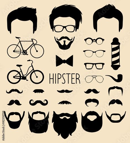 Vector set of dress up constructor with different men hipster haircuts,glasses etc.in flat style.Male faces icon creator