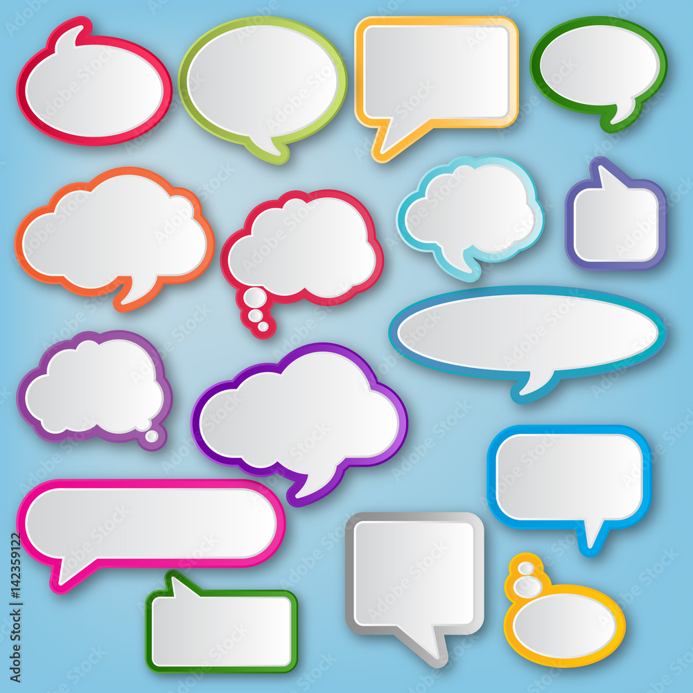 Set of blank empty colorful speech bubbles. Different design and color of comic bubble cloud collection. Set of blank empty colorful speech bubbles. Different design and color of comic bubble cloud collection.