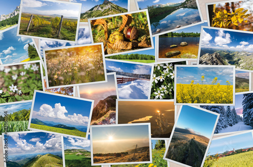 Collection of printed photos with nature and landscape themes