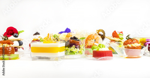 Mini canap with elements of molecular kitchen on white background 