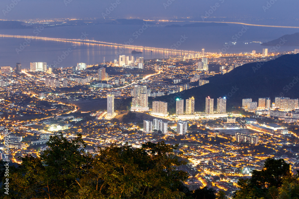 Top view of Georgetown, capital of Penang Island, Malaysia from top of Penang hill.