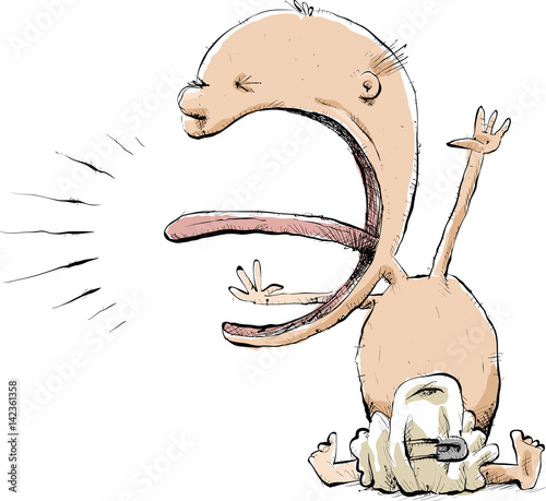 A cartoon baby with a huge mouth, crying loudly.