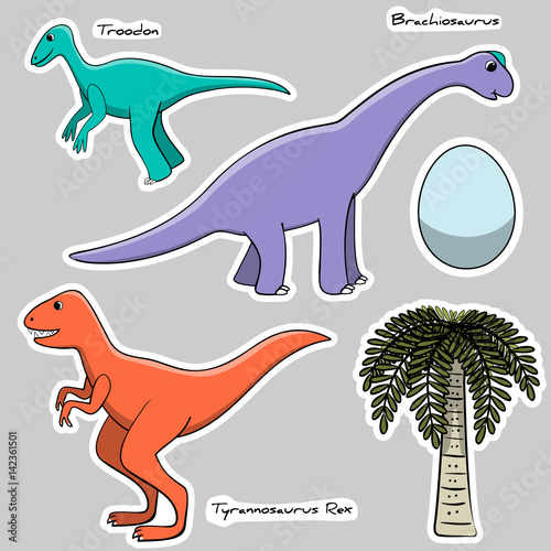 Set of stickers stylized dinosaurs  egg  tree