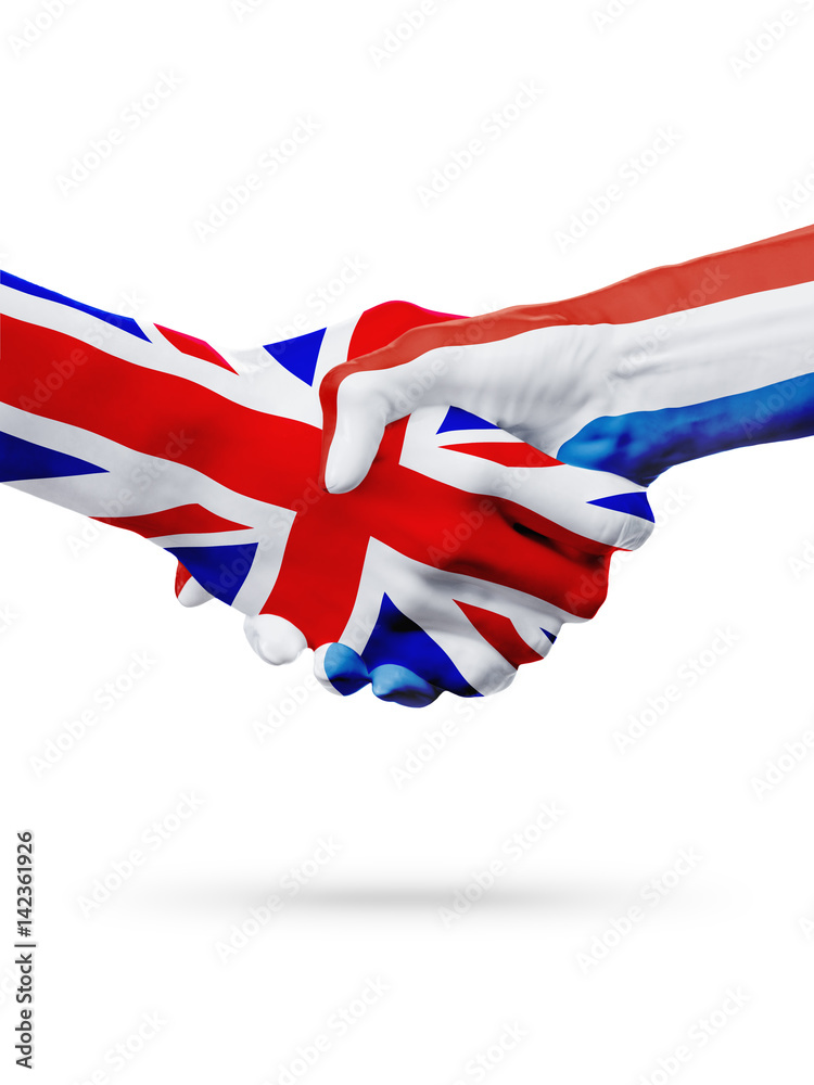 Fototapeta premium Flags United Kingdom, Netherlands countries, partnership friendship handshake concept.