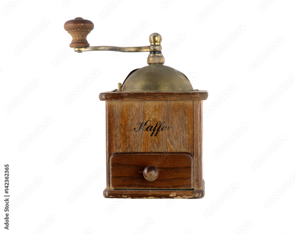 Very old antique coffee grinder with a bronze handle and box for ground coffee on a white background and from different sides Very old antique coffee grinder with a bronze handle and box for ground coffee on a white background and from different sides