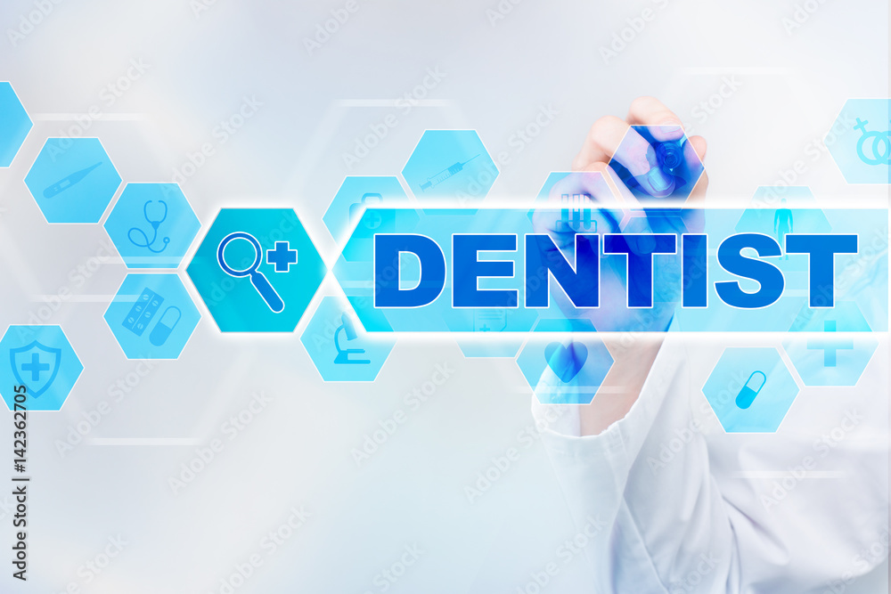 Medical doctor drawing dentist on the virtual screen. Medical doctor drawing dentist on the virtual screen.