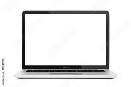 Modern laptop computer with blank screen isolated on white background