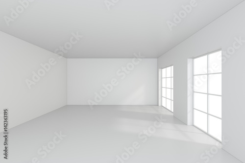 Bright white room with windows. 3d rendering