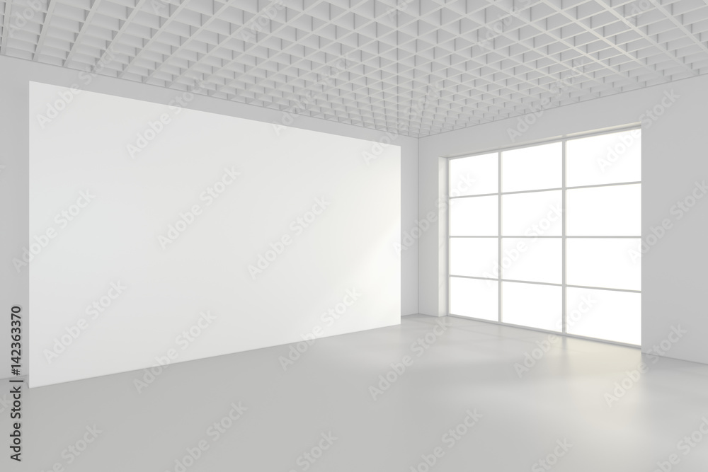 White clean interior with blank billboard. 3d rendering. White clean interior with blank billboard. 3d rendering.