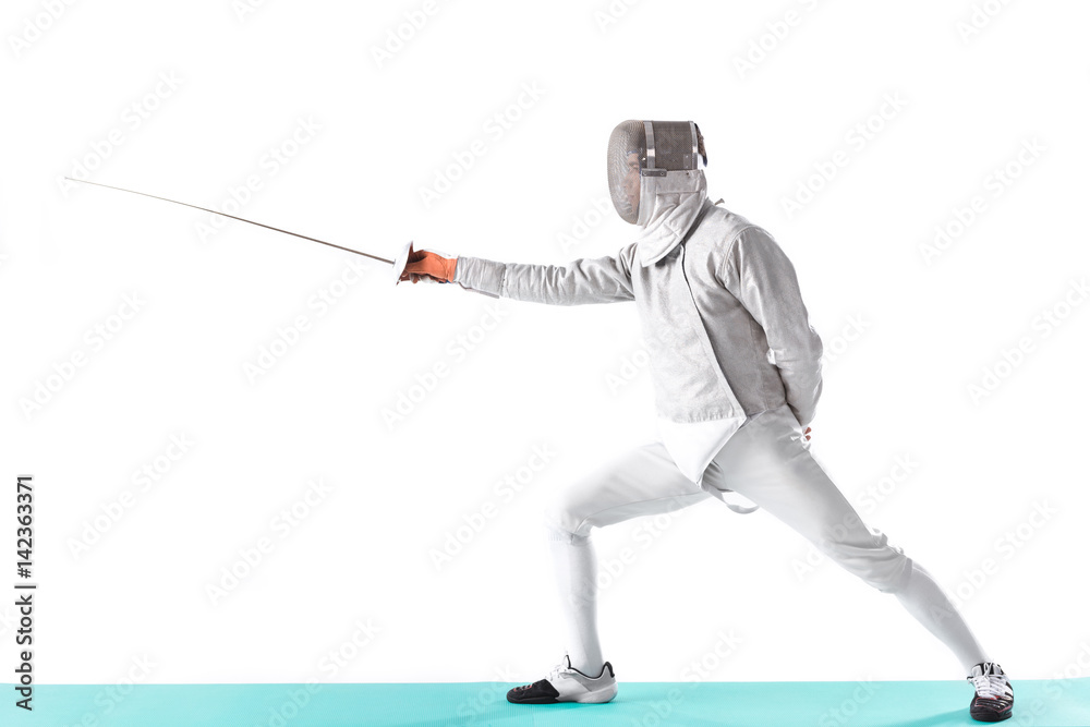 side view of fencer in uniform trainign with rapier in hand on white side view of fencer in uniform trainign with rapier in hand on white