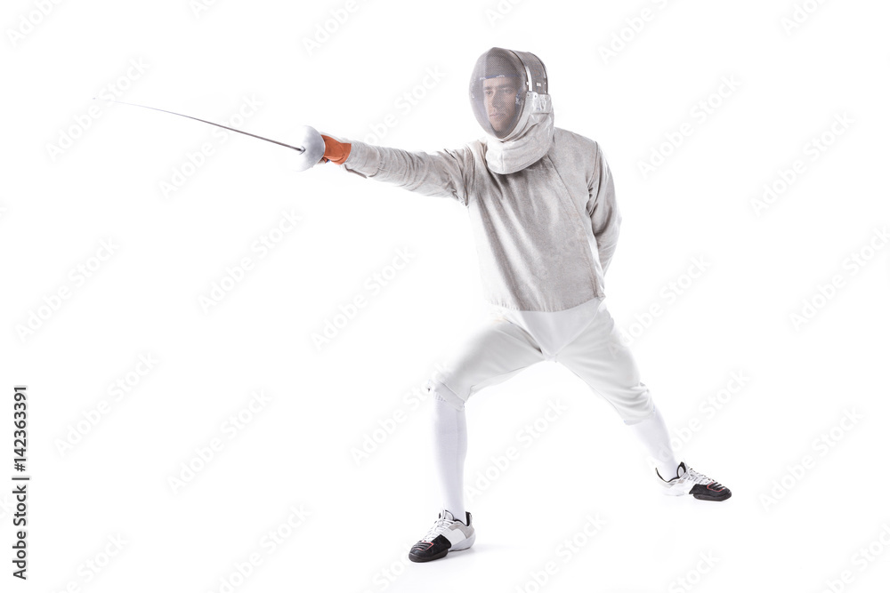 side view of fencer in uniform training with rapier on white side view of fencer in uniform training with rapier on white