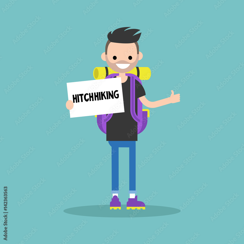 Young backpack traveler holding a sign. Hitchhiking / flat editable vector illustration, clip art Young backpack traveler holding a sign. Hitchhiking / flat editable vector illustration, clip art