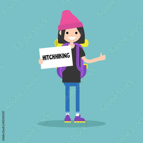Young backpack traveler holding a sign. Hitchhiking / flat editable vector illustration, clip art