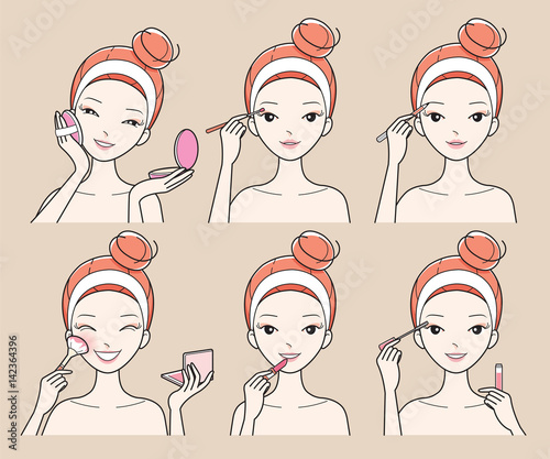 Young Woman Makes Up With Various Actions Set, Facial, Treatment, Beauty, Cosmetic, Healthy, Lifestyle