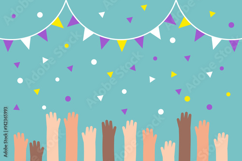 Celebration conceptual illustration. Raised waving hands. Party / Flat editable vector illustration, clip art
