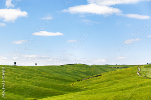 Rolling fields with a valley and hills