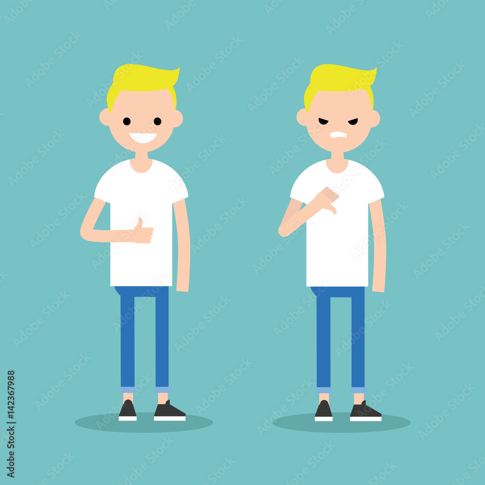 Thumbs up and thumbs down. Yes or No conceptual illustration. Excited man vs  Displeased man / editable flat vector illustration / editable flat vector illustration