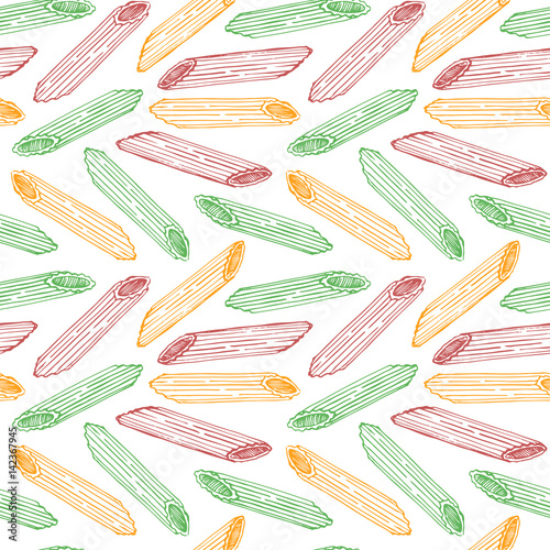 Vector hand drawn pasta Penne. Seamless pattern. Endless background