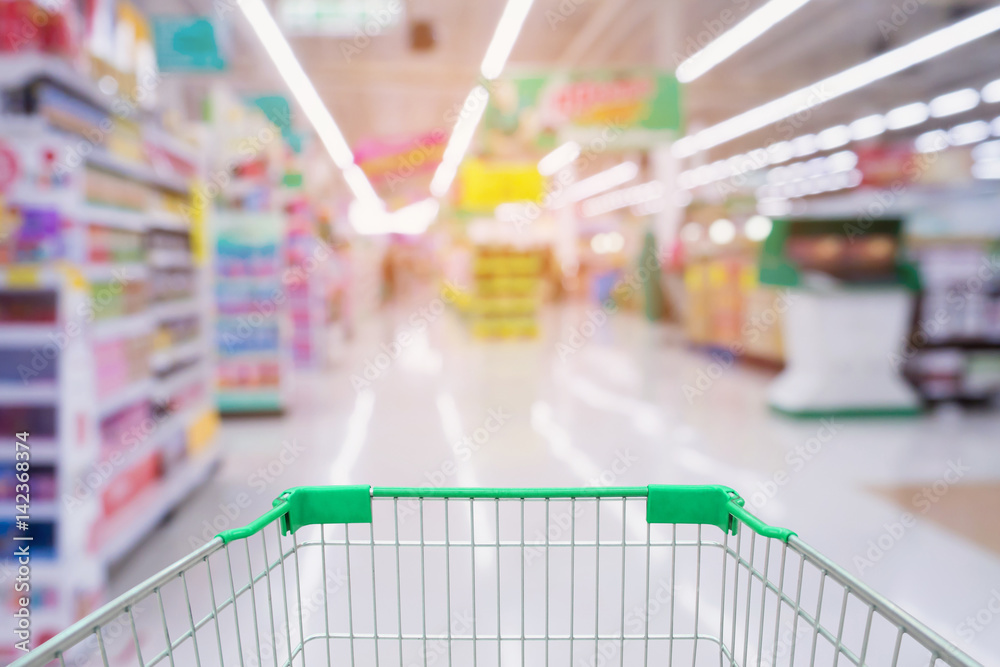 Supermarket store with shopping cart Supermarket store with shopping cart